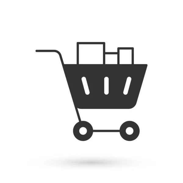 Gris carrito de compras y alimentos icono aislado sobre fondo blanco. Tienda de comida, supermercado. Vector — Vector de stock