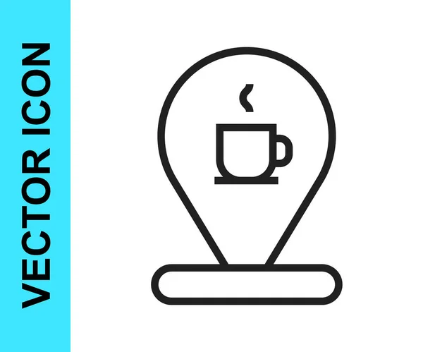 Línea negra Ubicación con el icono de la taza de café aislado sobre fondo blanco. Vector — Vector de stock