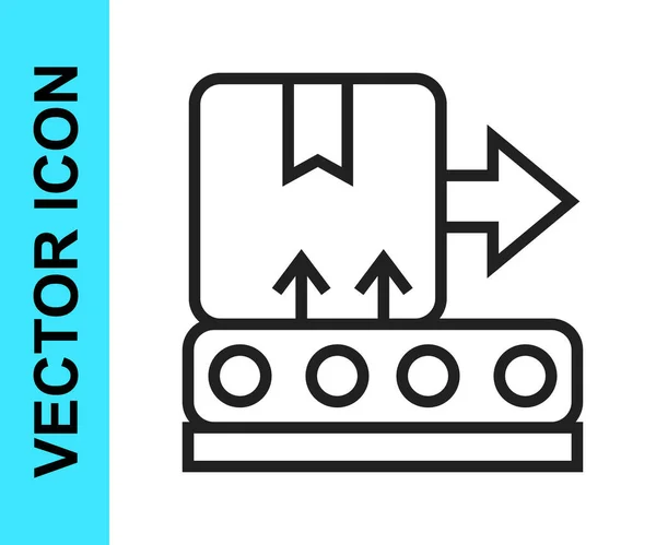 Sabuk Conveyor garis hitam dengan ikon kotak kardus terisolasi pada latar belakang putih. Vektor - Stok Vektor