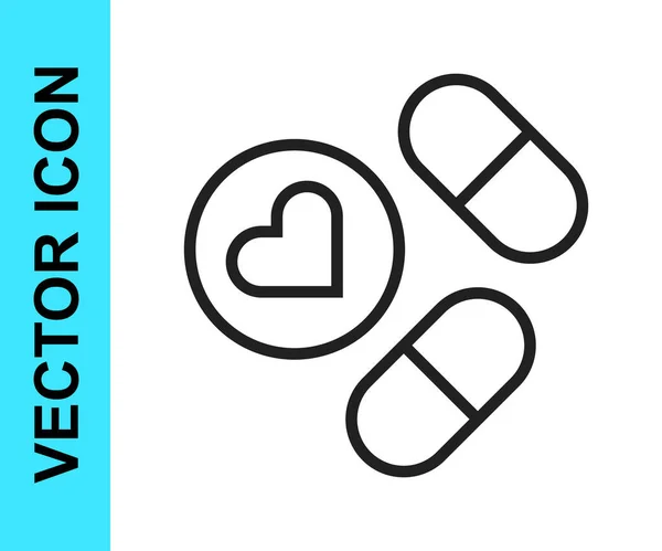 Línea negra Medicina píldora o tableta icono aislado sobre fondo blanco. Cápsula de píldora y signo de drogas. Diseño de farmacia. Vector — Vector de stock