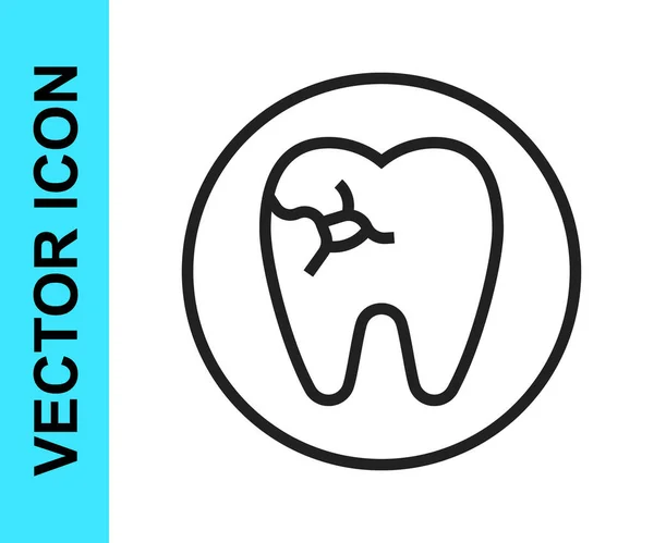 Schwarze Linie Zahn mit Kariessymbol isoliert auf weißem Hintergrund. Karies. Vektor — Stockvektor