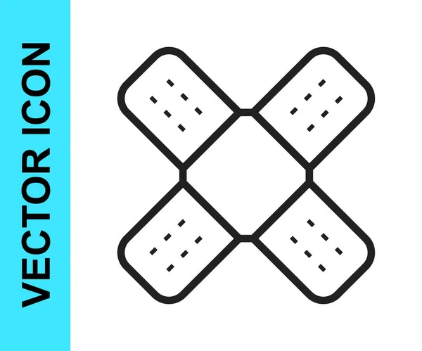 Black line Crossed bandage plaster icon isolated on white background. Medical plaster, adhesive bandage, flexible fabric bandage. Vector — Stock Vector