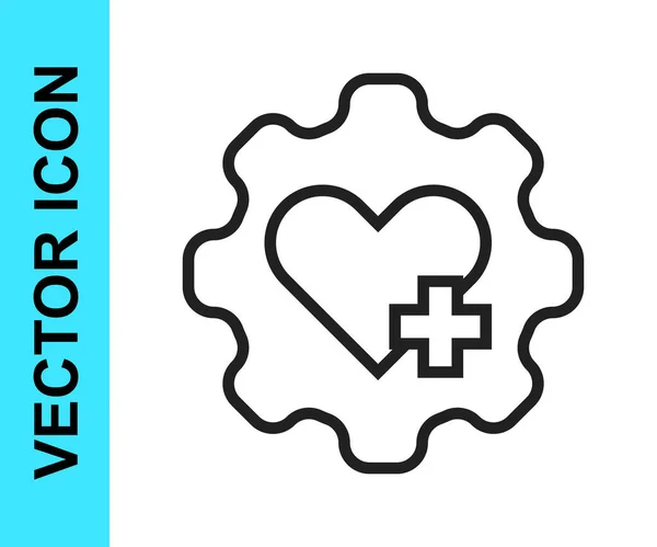 Corazón de línea negra con un icono de cruz aislado sobre fondo blanco. Primeros auxilios. Signo de atención sanitaria, médica y farmacia. Vector — Vector de stock