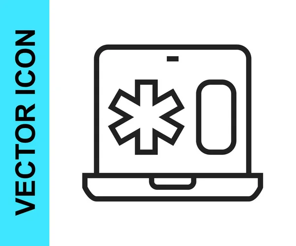 Klinisk journal på svartlinje med isolert laptop-ikon på hvit bakgrunn. Helseforsikringsskjema. Rapport fra legesjekker. Vektor – stockvektor