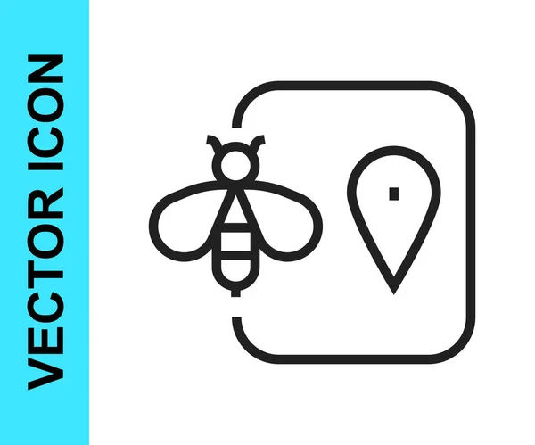 Icono de puntero de mapa de ubicación de abeja de línea negra aislado sobre fondo blanco. Puntero de mapa de animales de granja. Vector — Vector de stock