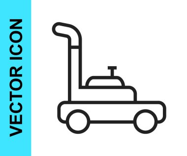 Siyah çizgi çim biçme makinesi simgesi beyaz arkaplanda izole edildi. Çim biçme makinesi çim biçiyor. Vektör