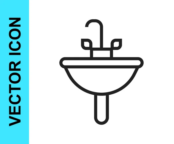 Black line Washbasin with water tap icon isolated on white background. Vector — Stock Vector