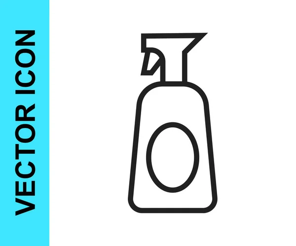 Schwarze Linie Reinigungs-Sprühflasche mit Reinigungsmittelflüssigkeit Symbol isoliert auf weißem Hintergrund. Vektor — Stockvektor