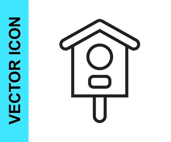 Línea negra Icono de la casa Bird aislado sobre fondo blanco. Caja de anidación pajarera, edificio casero para pájaros. Vector — Vector de stock