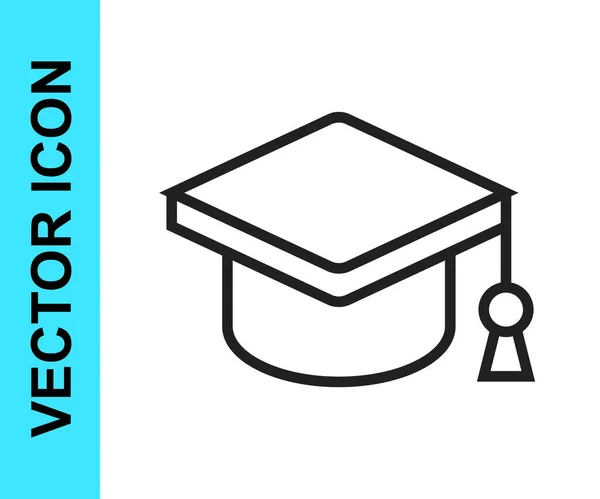 Línea negra Icono de la tapa de graduación aislado sobre fondo blanco. Sombrero de graduación con icono de borla. Vector — Vector de stock