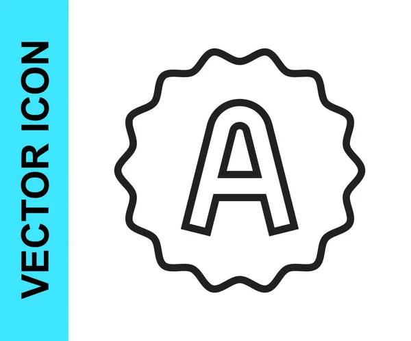 Hoja de examen de línea negra con un icono de grado A más aislado sobre fondo blanco. Documento de prueba, examen o concepto de encuesta. Examen escolar o examen. Vector — Vector de stock