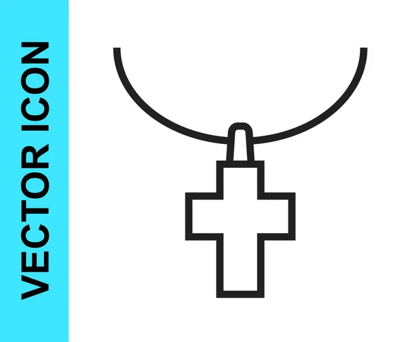 Черная линия христианского креста на цепи икона изолированы на белом фоне. Церковный крест Вектор — стоковый вектор