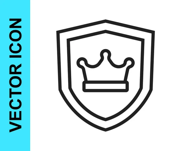 Escudo de línea negra con icono de corona aislado sobre fondo blanco. Vector — Vector de stock