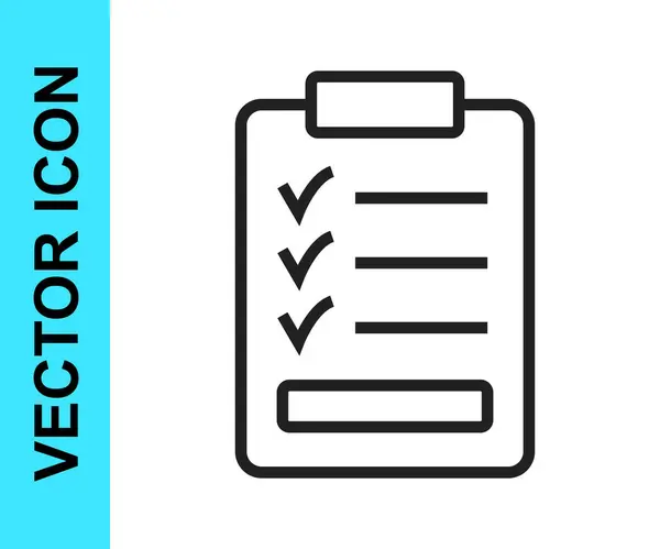 Portapapeles de línea negra con icono de lista de verificación aislado sobre fondo blanco. Símbolo de lista de control. Encuesta o formulario de respuesta al cuestionario. Vector — Vector de stock