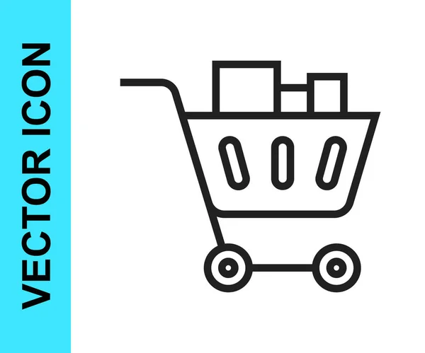 Schwarze Linie Warenkorb und Lebensmittel Symbol isoliert auf weißem Hintergrund. Lebensmittelgeschäft, Supermarkt. Vektor — Stockvektor