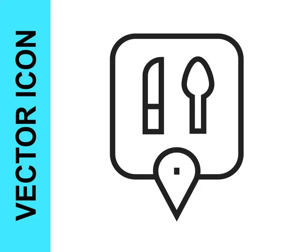 Schwarze Linie Cafe und Restaurant Standort Symbol isoliert auf weißem Hintergrund. Messer und Kochlöffel in der Hand. Vektor. — Stockvektor