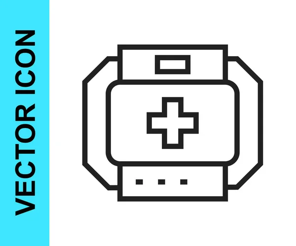 Línea negra Icono del kit de primeros auxilios aislado sobre fondo blanco. Caja médica con cruz. Equipo médico para emergencias. Concepto de salud. Vector — Archivo Imágenes Vectoriales