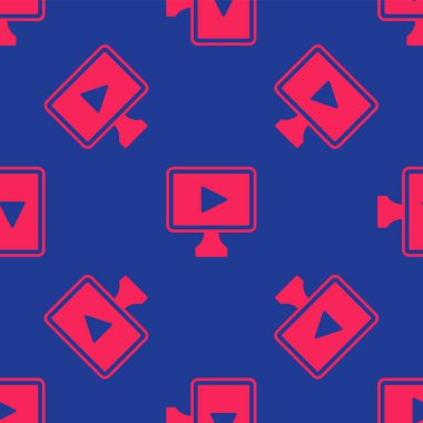 Kırmızı Online video simgesi mavi arkaplanda izole edilmiş. Oyun işaretli film şeridi. Vektör