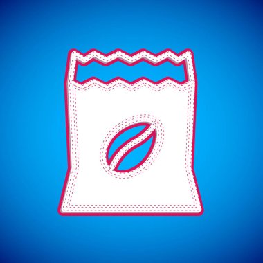 Mavi arkaplanda beyaz kahve torbası simgesi var. Vektör