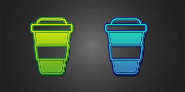 Siyah arka planda ikon haline getirmek için yeşil ve mavi kahve fincanı. Vektör