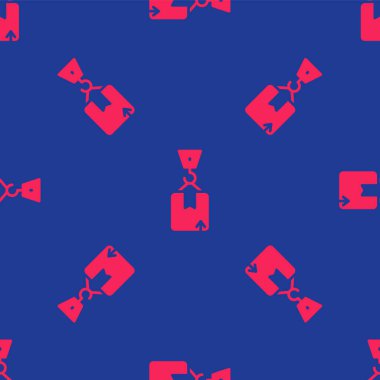 Kırmızı Crane, karton kutu simgesiyle mavi arka planda izole edilmiş kusursuz desen. Crane içinde kargo olan bir konteynırı kaldırıyor. Vektör