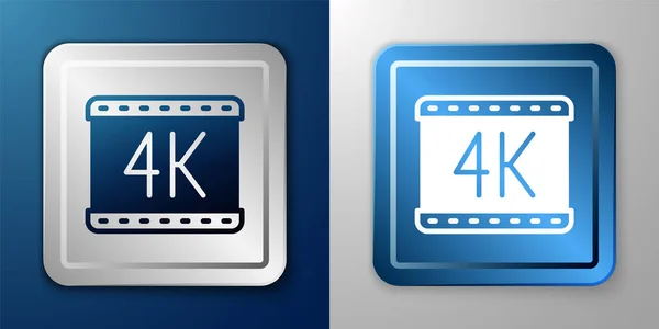 Vit 4k film, tejp, ram ikon isolerad på blå och grå bakgrund. Silver och blå fyrkantig knapp. Vektor — Stock vektor