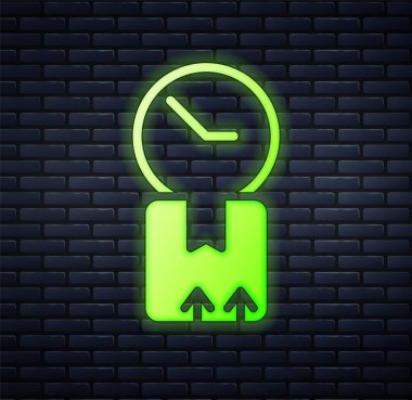 Parlak neon karton kutu ve hızlı teslimat ikonu tuğla duvar arka planında izole edilmiş. Kutu, paket, paket işareti. Teslimat ve ambalaj. Vektör