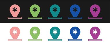 Tıbbi harita işaretçisini hastane simgesiyle siyah beyaz arkaplanda ayır. Vektör