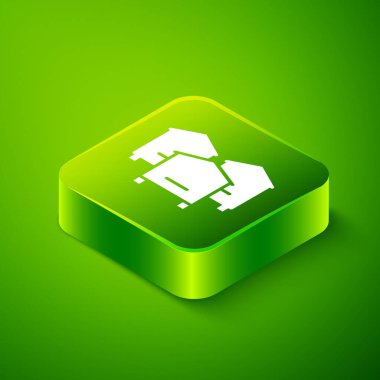 Yeşil arka planda izole edilmiş arılar için Isometric Hive. Arı kovanı sembolü. Apiary ve arı yetiştiriciliği. Tatlı doğal yemek. Yeşil kare düğmesi. Vektör