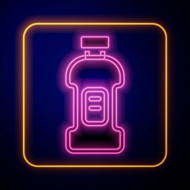 Çamaşır deterjanı, çamaşır suyu, bulaşık deterjanı ya da siyah arka planda izole edilmiş başka bir temizlik maddesi ikonu için parlayan neon plastik şişe. Vektör