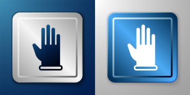 Mavi ve gri arka planda beyaz lastik eldiven ikonu izole edildi. Lateks el koruması işareti. Ev işi temizlik ekipmanları sembolü. Gümüş ve mavi kare düğme. Vektör