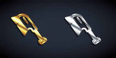 Siyah arka planda izole edilmiş temizlik ikonu için altın ve gümüş fırça. Temizlik hizmeti konsepti. Uzun gölge tarzı. Vektör