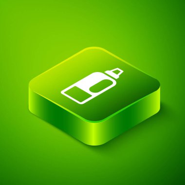 Çamaşır deterjanı, çamaşır suyu, bulaşık deterjanı ya da yeşil arka planda izole edilmiş başka bir temizlik maddesi ikonu için Isometric Plastik şişe. Yeşil kare düğmesi. Vektör
