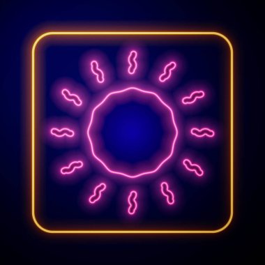 Parlayan neon güneş simgesi siyah arkaplanda izole edildi. Vektör