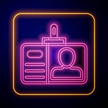 Parlayan neon kimlik kartı simgesi siyah arkaplanda izole edildi. Sunum için, şirketin kimliği için, reklam için kullanılabilir. Vektör