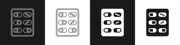 Set Pillen in blisterverpakking pictogram geïsoleerd op zwart-wit achtergrond. Medicijnpakket voor tablet, vitamine, antibioticum, aspirine. Vector — Stockvector