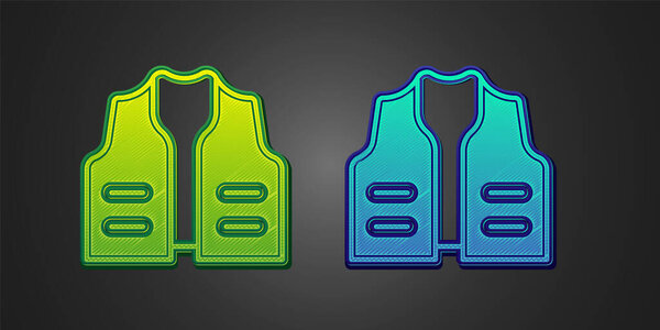 Green and blue Fishing jacket icon isolated on black background. Fishing vest. Vector