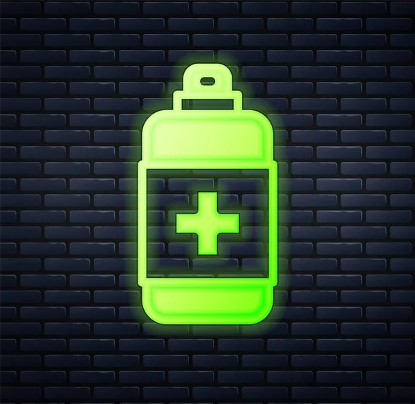 Bottiglia luminosa al neon di sapone antibatterico liquido con icona dispenser isolato su sfondo muro di mattoni. Antisettico. Disinfezione, igiene, cura della pelle. Vettore — Vettoriale Stock