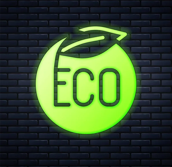 Banner de neón brillante, etiqueta, etiqueta, logotipo para eco verde icono de alimentos saludables aislados en el fondo de la pared de ladrillo. Producto ecológico. Pegatina de comida saludable. Vector — Vector de stock