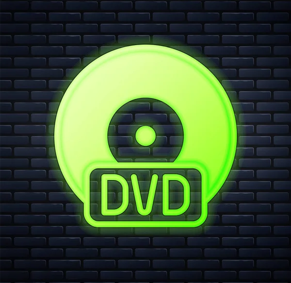 글로잉 네온 CD 또는 DVD 디스크 아이콘은 벽돌 벽 배경에 분리되었다. 콤팩트 디스크 사인. Vector — 스톡 벡터