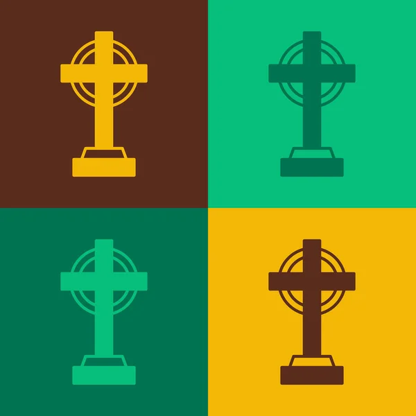 Pop art Pierre tombale avec icône croix isolée sur fond de couleur. Icône de tombe. Bonne fête d'Halloween. Vecteur — Image vectorielle