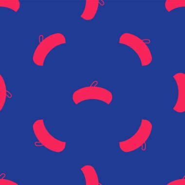 Kırmızı Fransız beresi ikonu mavi arka planda izole edilmiş pürüzsüz desen. Vektör