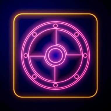 Parlayan neon yuvarlak ahşap kalkan simgesi siyah arkaplanda izole edildi. Güvenlik, güvenlik, koruma, mahremiyet, koruma kavramı. Vektör