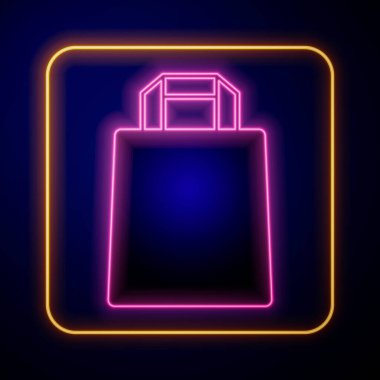 Parlayan neon kağıt poşet ikonu siyah arka planda izole edildi. Paket işareti. Vektör