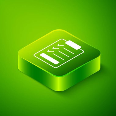 Yeşil arkaplanda kontrol listesi simgesine sahip Isometric Panosu. Kontrol listesi sembolü. Anket anketi ya da anket geri bildirim formu. Yeşil kare düğmesi. Vektör