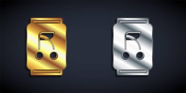 Siyah arka planda altın ve gümüş soda ikonu izole edildi. Uzun gölge tarzı. Vektör