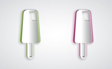 Kağıt kesiği dondurma ikonu gri arka planda izole. Güzel sembol. Kağıt sanatı tarzı. Vektör