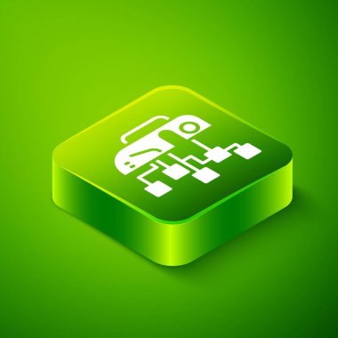 Isometric İnsanımsı robot simgesi yeşil arka planda izole edildi. Yapay zeka, makine öğrenme, bulut hesaplama. Yeşil kare düğmesi. Vektör