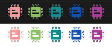 Bilgisayar işlemcisini siyah ve beyaz arkaplanda izole edilmiş mikro devre işlemci simgesi ile ayarla. Devre kartlı çip ya da işlemci. Mikro işlemci. Vektör