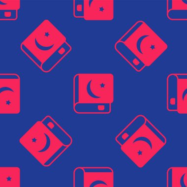 Kur 'an ikonunun kırmızı kutsal kitabı mavi arka planda kusursuz deseni izole etti. Müslüman bayramı, Kurban Bayramı, Kurban Bayramı, Ramazan Kareem. Vektör